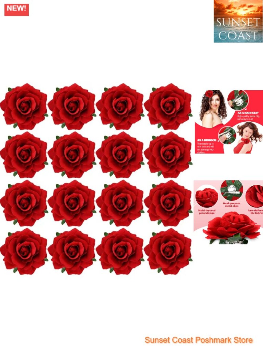 16pc Fabric Rose Hair Clips Barrettes Brooches Alligator Clip Set